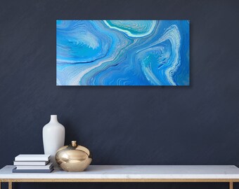 Original Blue Silver Abstract Fluid Art Painting, 16x32 Canvas