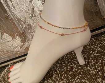 Tri Color Anklet balls in Sterling Silver with Lobster Clasp