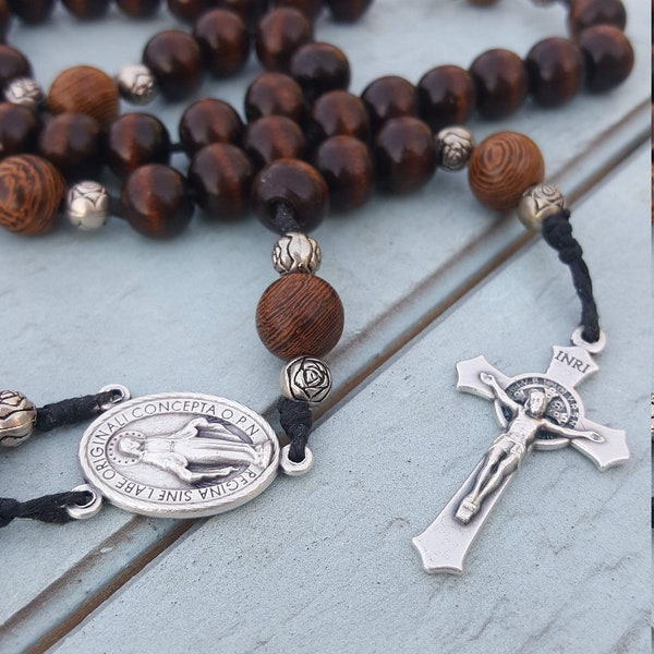 Wooden Rosary with Saint Benedict Crucifix and Miraculous Metal Centerpiece--Handmade in USA