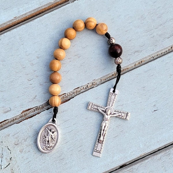 St Michael Olive Wood Decade Rosary--Handmade in the USA