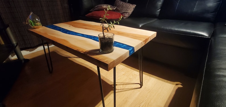 Live edge Table Made of Maple Wood with a Blue Epoxy