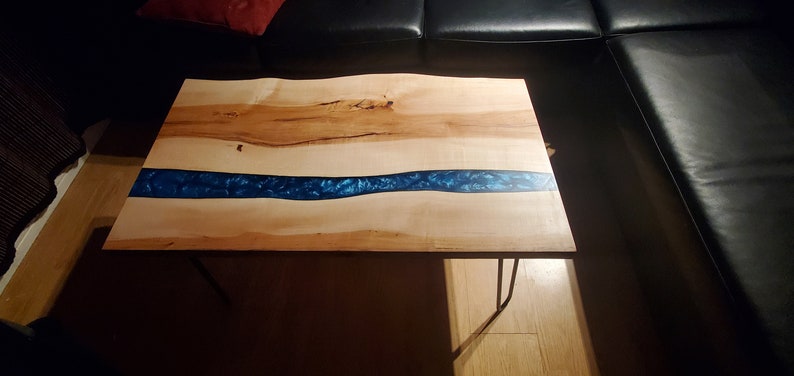 Live edge Table Made of Maple Wood with a Blue Epoxy