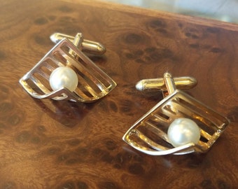 Abstract SWANK Gold Tone & Faux Pearl Cufflinks