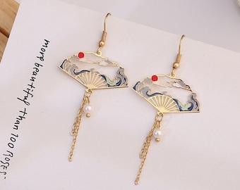 Chinese Japanese Transitional Fan  Oriental Sun Ocean Wave Tassel Pearl Dangle Earrings 5.5 X 3 CM