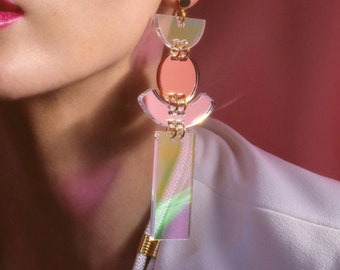 Pink flower holographic dangling earrings