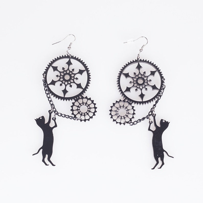 Black Cat Kitty Chasing Clock Mechanic Steampunk Gear Chain Dangle Earrings