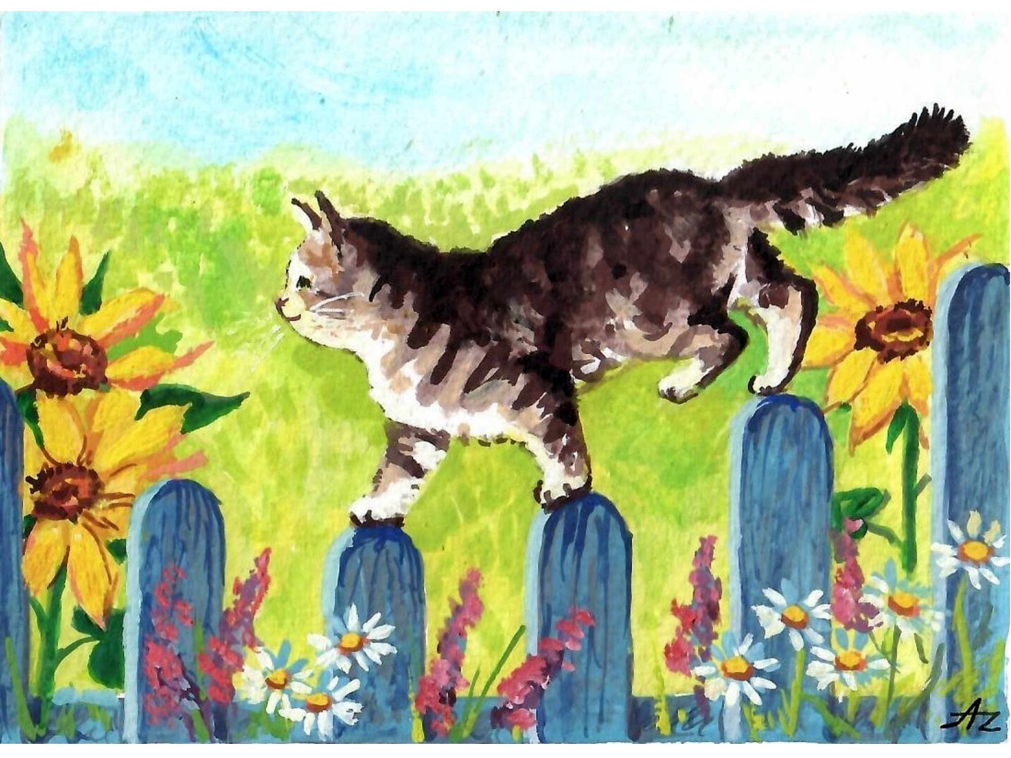 Cat Painting Sunflower Original Art Summer Landscape Pet Etsy