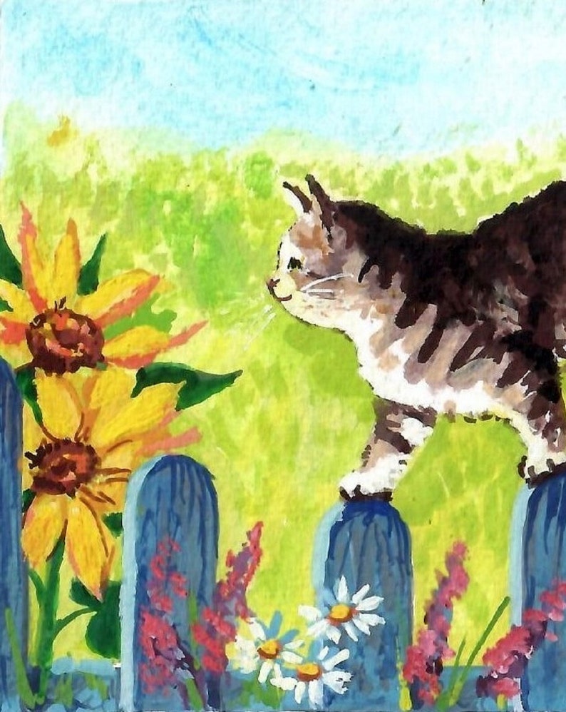 Cat Painting Sunflower Original Art Summer Landscape Pet Etsy