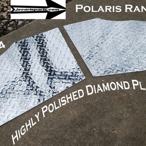 May include: Two silver diamond plate floor panels for a Polaris Ranger XP800. The panels are highly polished and fit 2009-14 models.  "Fits 2009-14" and "Highly Polished Diamond Plate Floor" are printed on the panels.