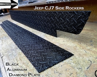 May include: Black aluminium diamond plate side rocker panels for a Jeep CJ7. The panels are shown on a wooden surface.