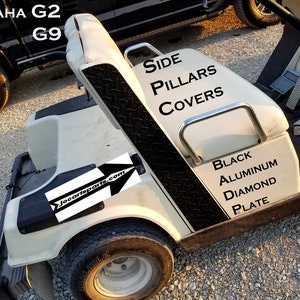 May include: Yamaha G2 and G9 golf cart side pillars with black aluminum diamond plate covers. The covers are labeled "Side Pillars Covers" and "Black Aluminum Diamond Plate". The image also includes the website "joecartsparts.com".