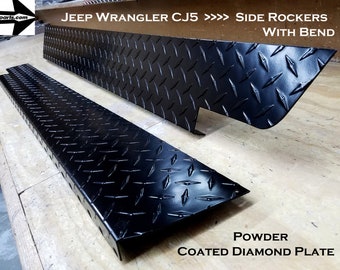 May include: Two black powder coated diamond plate side rockers for a Jeep Wrangler CJ5. The rockers have a bend at the end and are designed to protect the vehicle's sides.
