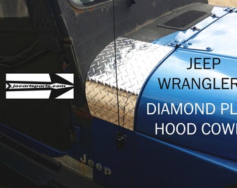 May include: A blue Jeep Wrangler YJ with diamond plate hood cowls. The cowls are made of metal and have a diamond pattern. The text "Jeep Wrangler YJ Diamond Plate Hood Cowls" is printed on the side of the Jeep.
