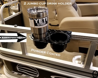 Pontoon Boat 2 Jumbo Cup Drink Holder Powder Coated Aluminum Diamond Plate Fits 1 1/4 Side Rail