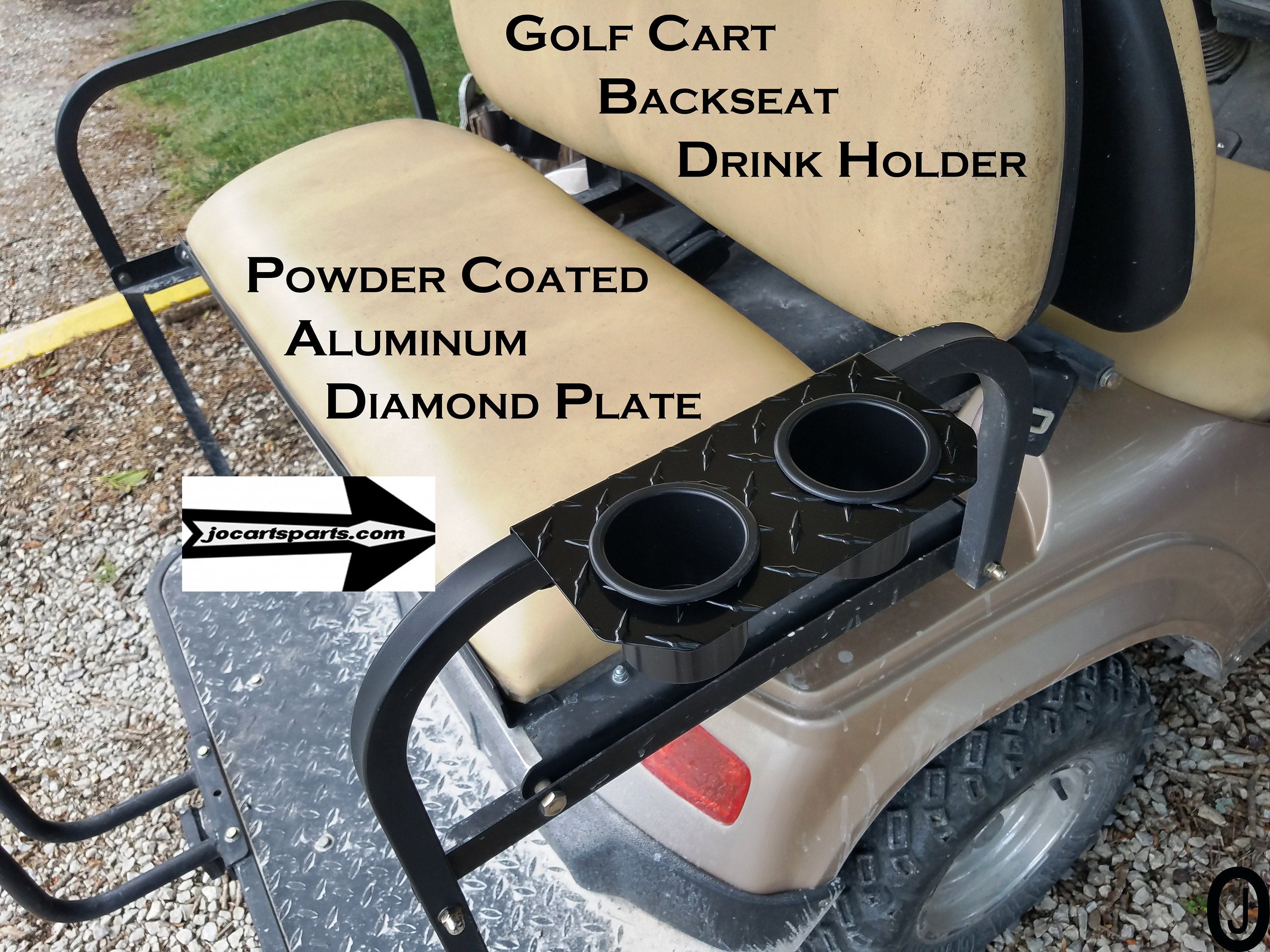 Golf Cart Backseat 2 Cup Drink Holder Black Powder Coated Aluminum Diamond Plate