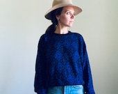 VINTAGE pullover knit sweater ski winter wool blend snowflakes black blue