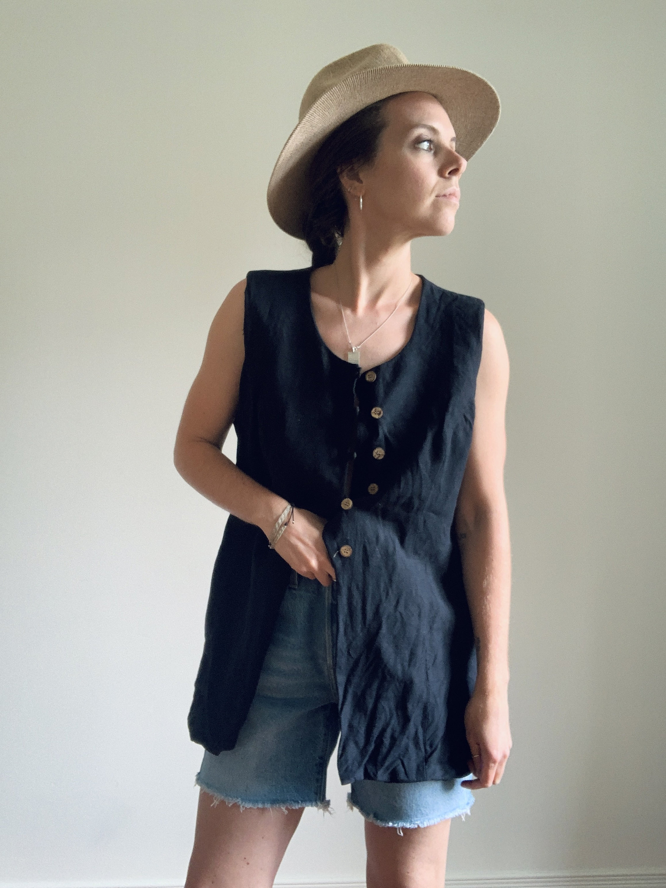 VINTAGE Linen button down vest black made in Romania Etsy