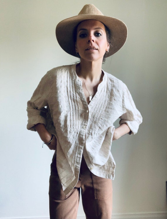 prairie blouse 1980s light taupe beige color silky light weight blouse with tie and buttons cowgirl western