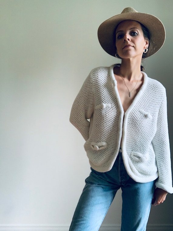 VINTAGE white knit cardigan sweater