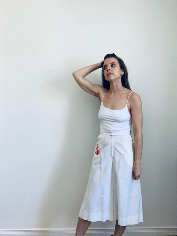 VINTAGE culotte pants | white + red | sailor detai