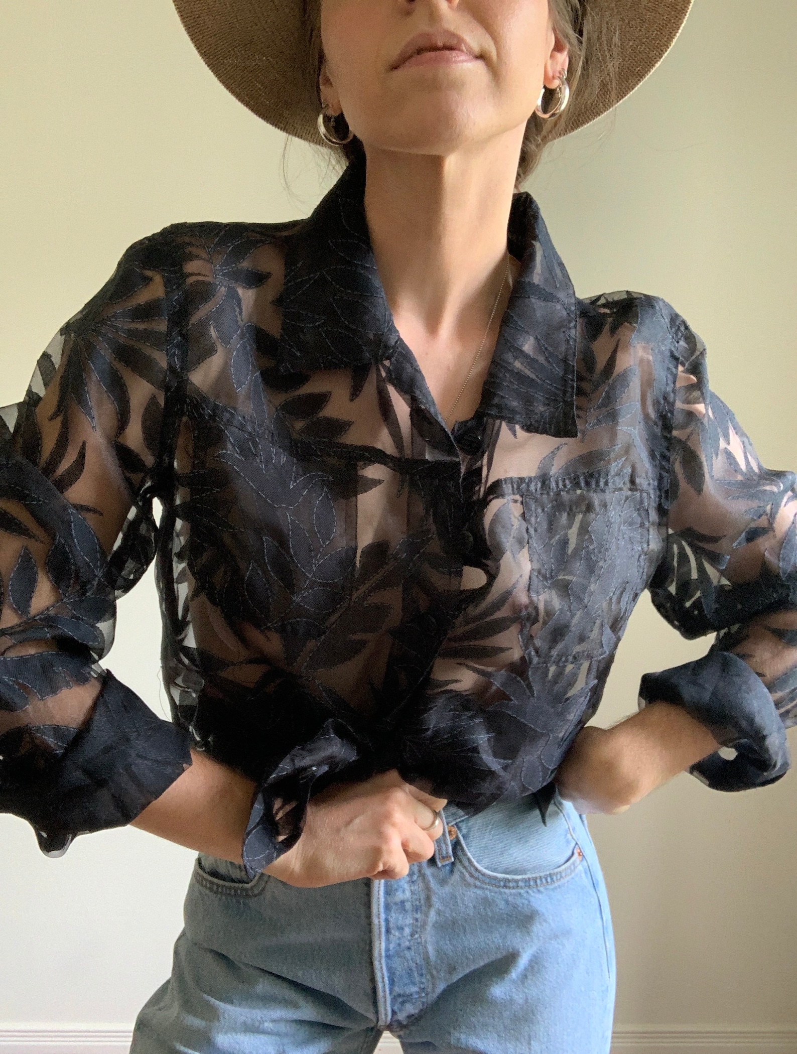 VINTAGE black sheer button down blouse Etsy