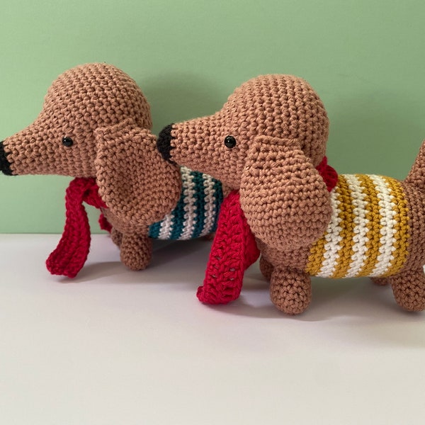 Handmade Crochet Dachshund Sausage Dogs with Striped Jumper and Scarf, Sausage Dog, Puppy, Dachshund Gift