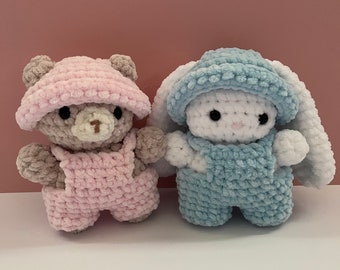 Crochet Plushie Bear and Bunny with overalls,  Baby Bunny Crochet Gift, Baby Bear Crochet, Cute Chunky Crochet Plushies, New Baby Gift