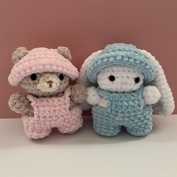 Crochet Plushie Bear and Bunny with overalls,  Baby Bunny Crochet Gift, Baby Bear Crochet, Cute Chunky Crochet Plushies, New Baby Gift