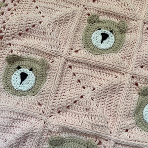 Handmade Crochet Baby Blanket, Cotton Baby Pram Blanket, Crochet Baby Blanket with Bears, Crochet Baby Granny Square Blanket, Soft Cotton