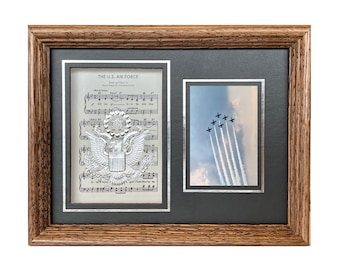 Handmade US Air Force Photo Frame – Solid Oak, Music Sheet Design