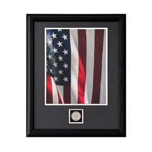 May include: Framed print featuring the American flag with red and white stripes and white stars on a blue background. A small, square coin is displayed below the flag image, all set within a black frame.