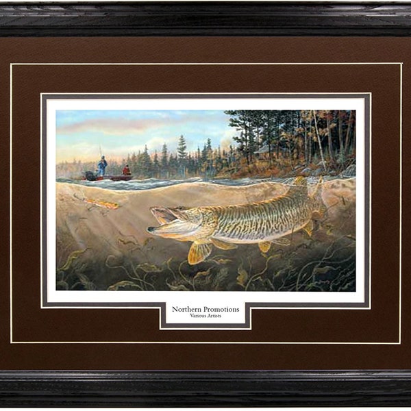 Lake House Décor - "Muskie Bay" by Terry Doughty Real Solid Hardwood Oak Frame 17x21 Wildlife Print Painting 5 Mat Colors 3 Custom Mouldings