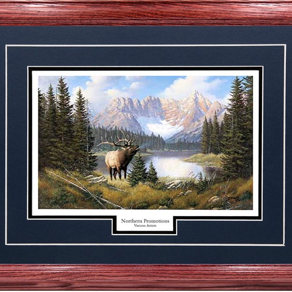 Elk Wall Art Hunting Decoration Hardwood Frame 17x21 Wildlife Print Painting 5 Mat Colors 4 Custom Moldings Cherry Frame