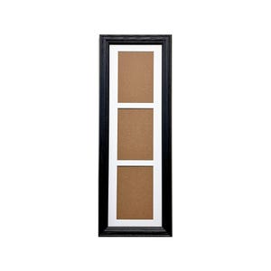 May include: Black picture frame with three rectangular openings for photos. The frame has a white mat and a black wood finish.