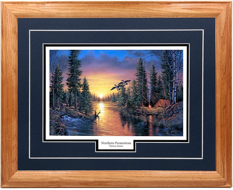 River Sunset Geese Sunset Arrival by Derk Hansen Double Mat Framed Wall Art Real Solid Hardwood Picture Frame in Multiple Colors