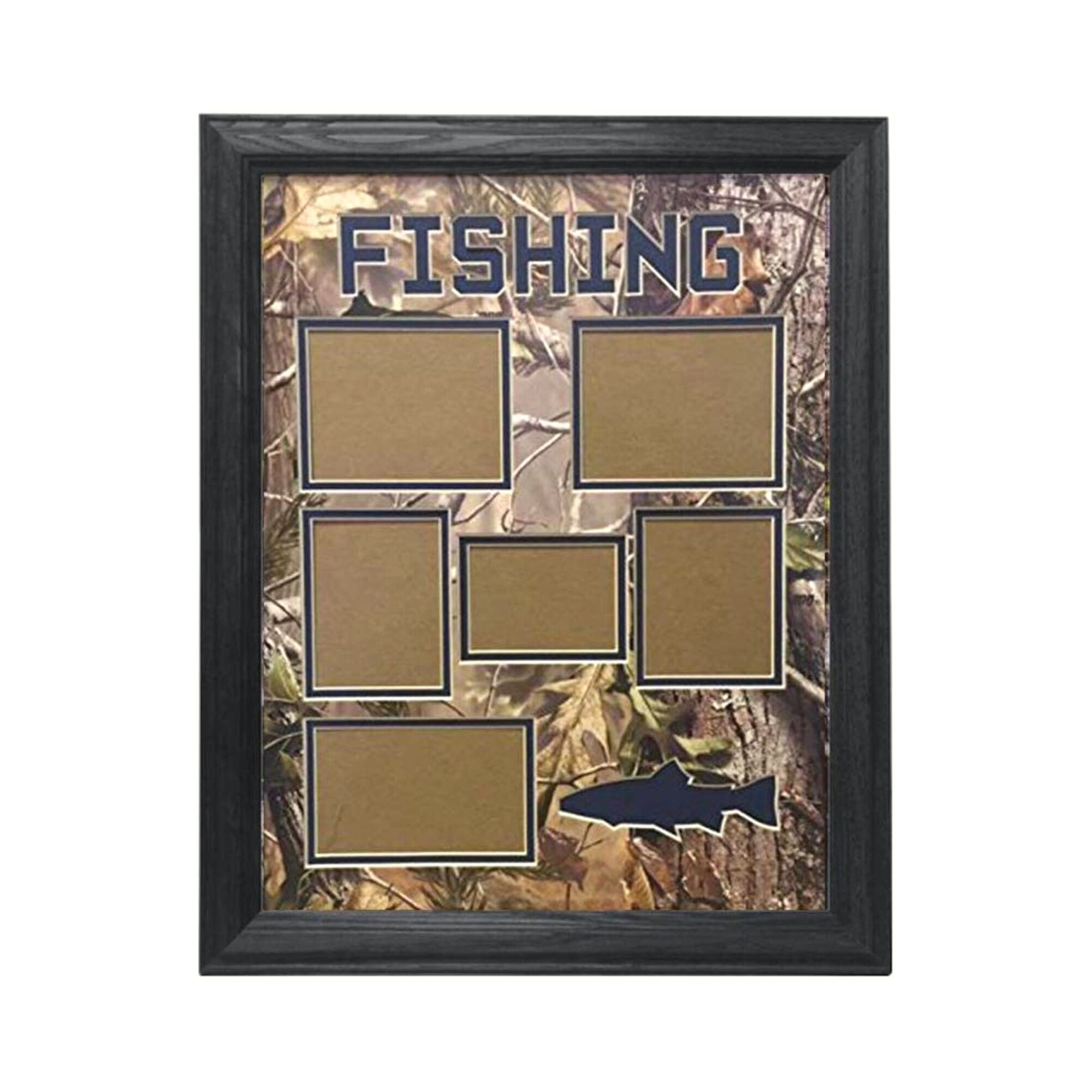 6 Hole Real Tree Fishing Collage Picture Frame Fish Silhouette Real Solid  Hardwood in Multiple Colors premium Camo Bevel Cut Double Mat 