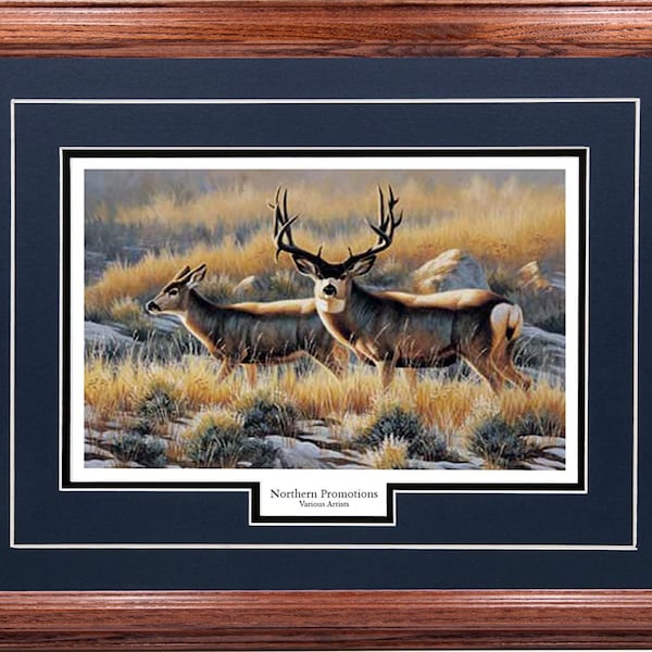 Mule Deer Wall Art Hunting Hardwood Frame "Stepping Out" by Cynthie Fisher 17x21 Wildlife 5 Mat Colors 4 Custom Moldings Dark Oak Frame