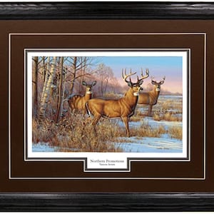 Whitetail Deer - &quot;Cautious&quot; by Cynthie Fisher - Real Solid Hardwood Oak Frame 17x21 Wildlife Print Painting 5 Mat Colors 3 Custom Mouldings