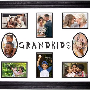 May include: A black picture frame with a white mat and eight openings for photos. The frame has the word "GRANDKIDS" written in a playful font across the center. The openings are filled with photos of a family, including grandparents, parents, and children.