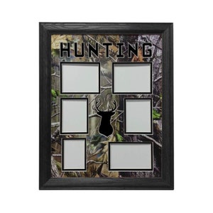May include: A black framed picture frame with a camouflage background and six empty picture slots. The word "HUNTING" is printed in black at the top of the frame. A silhouette of a deer head is in the center of the frame.