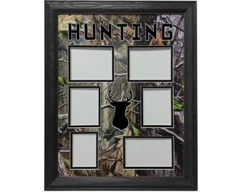 6 Hole Real Tree Hunting Collage Picture Frame - Deer Silhouette - Real Solid Hardwood in Multiple Colors - Premium Camo Double Mat
