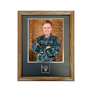 US Military Custom Photo Frame - US Navy Insignia - Available in Multiple Sizes - Solid Red Oak Hardwood Moulding - Proudly Made in the USA
