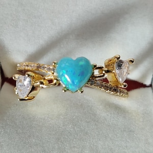 Blue Opal Heart Ring: Adjustable Gold Zircon Chain Ring
