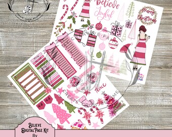 Könnte beinhalten: Ein digitaler Planer-Sticker-Set mit einem Weihnachts-Thema. Die Sticker sind in den Farben Pink und Grün gehalten und zeigen Illustrationen von Weihnachtsbäumen, Zuckerstangen, Ornamenten und einer Frau in einem rosa Kleid. Der Text "Believe Joyful" und "Merry Christmas" ist im Design enthalten.