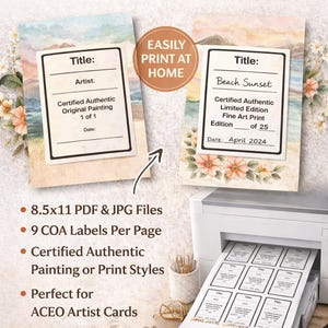 Op de afbeelding: Afbeelding van een certificaat van echtheid en labels voor limited edition prints. De labels worden afgedrukt op een printer. De labels bevatten de tekst "Titel", "Kunstenaar" en "Datum". De afbeelding bevat ook de tekst "Direct downloaden".