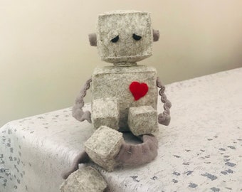 Plush Robot with a Big Red Heart , Nerdy Stuffed Plushie, Felt Robot Collectible, Geeky Gift