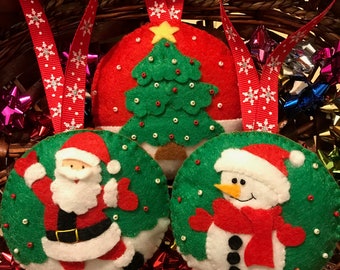 Set of 3 Felt Christmas ornaments , Red tree decoration , Christmas decor , Santa Claus decor , tree ornament , Xmas ornaments, snowman