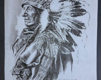 Vtg 1972 Bob Dale Drawing Print Black Bear Sioux Native American Signed 11 x 17