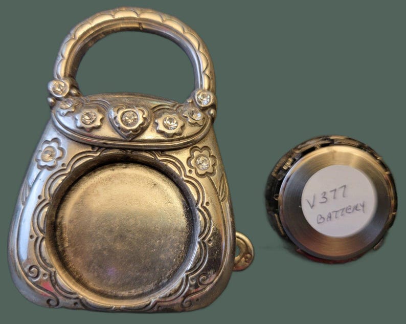 VTG Brighton Silver Tone Crystal Embellished Charm Purse Desk Clock Collectible image 6