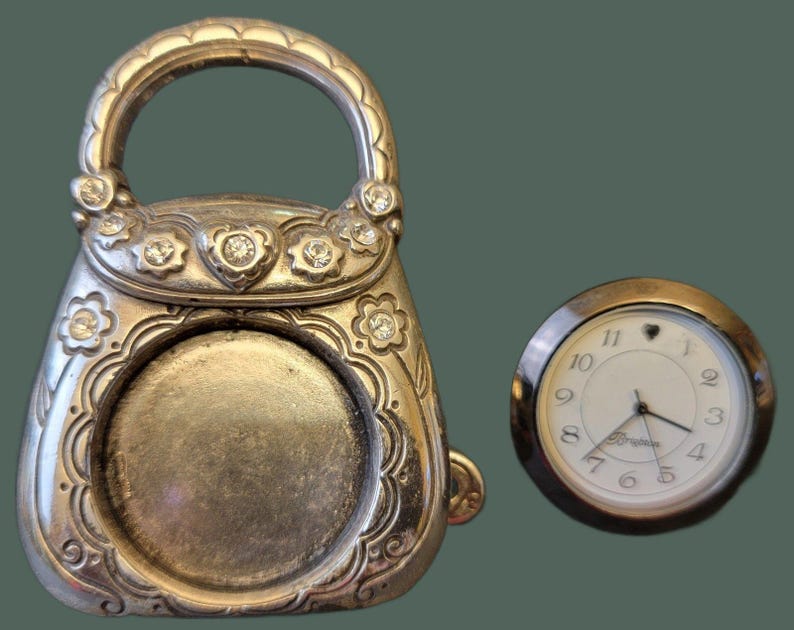 VTG Brighton Silver Tone Crystal Embellished Charm Purse Desk Clock Collectible image 5